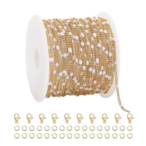 YOUBEIYEE 5 Meters Gold Plated Chain for Jewelry Making Stainless Steel Curb Chain White Enamel Beaded Decoration Craft Chain Roll - Image 1