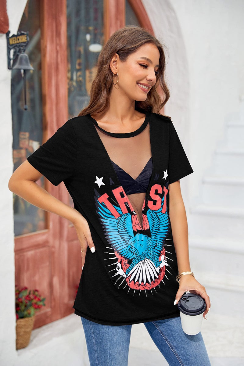 Karlywindow Womens Short Sleeve Graphic Tees Distressed Hawk Print Mesh V Neck Loose Sexy T-Shirt Tops Black - Image 4
