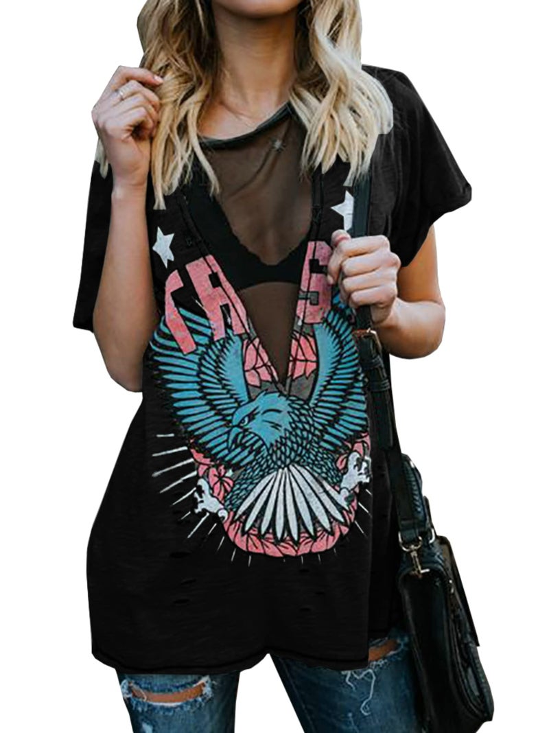 Karlywindow Womens Short Sleeve Graphic Tees Distressed Hawk Print Mesh V Neck Loose Sexy T-Shirt Tops Black - Image 1