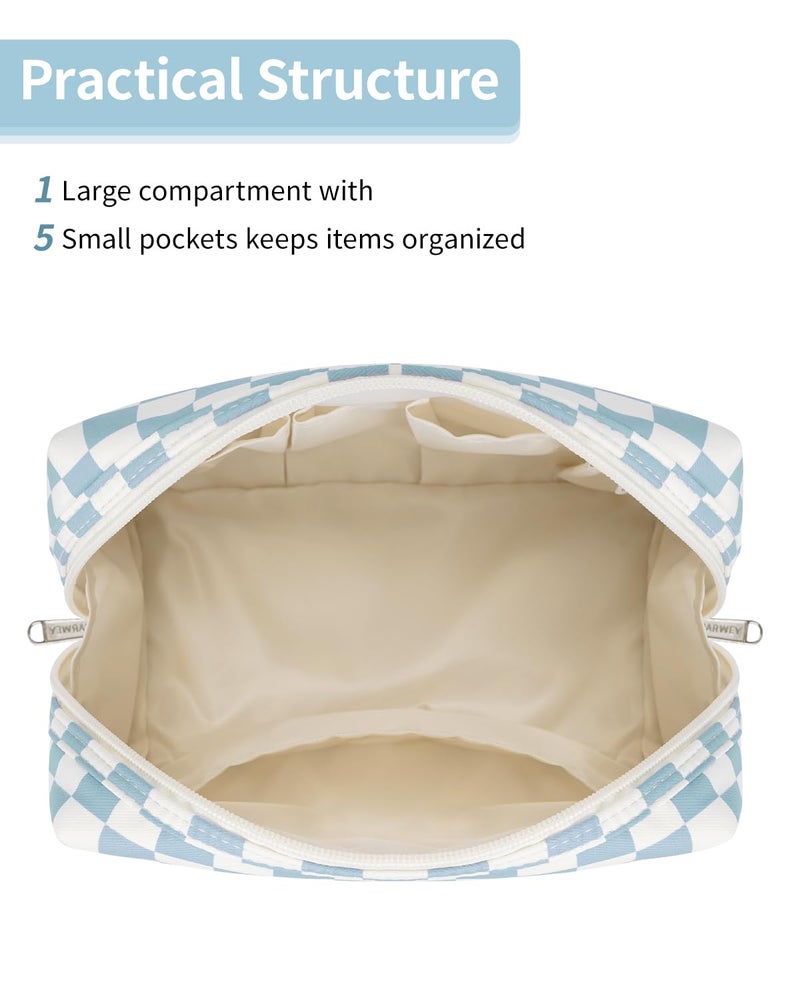 Narwey Checkered Makeup Bag Travel Cosmetic Bag Organizer Toiletry Bag Make Up Bags with Compartments for Women Girls((Large, Sky Blue Checkerboard) - Image 4