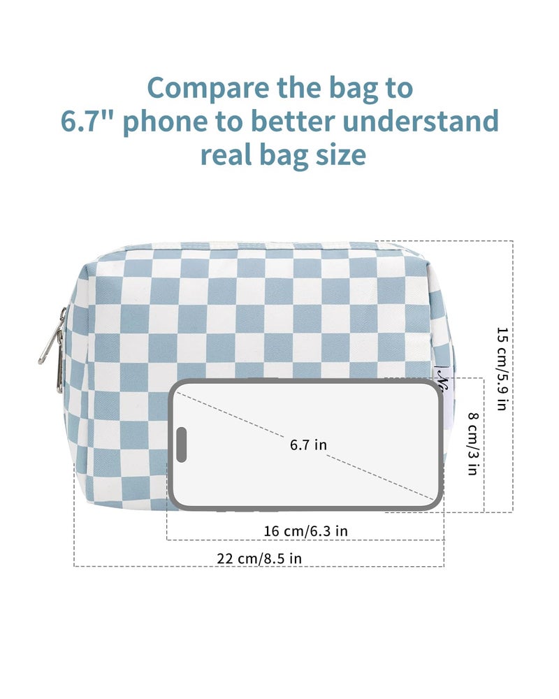 Narwey Checkered Makeup Bag Travel Cosmetic Bag Organizer Toiletry Bag Make Up Bags with Compartments for Women Girls((Large, Sky Blue Checkerboard) - Image 5