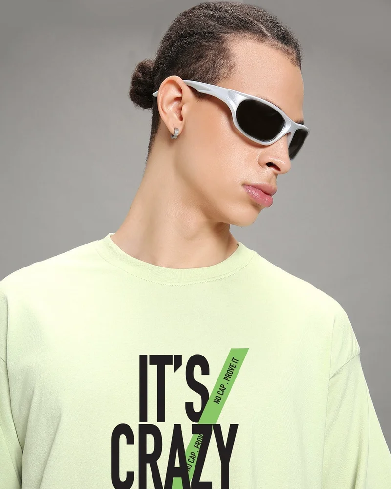 bewakoof Men's Fog Green It's Crazy Typography Oversized T-shirt