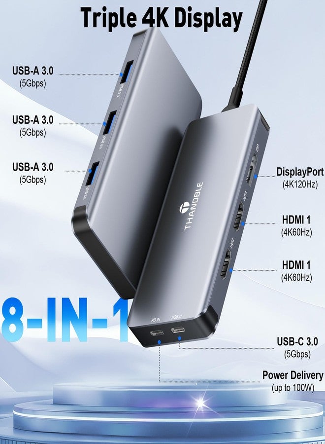 THANDBLE USB C Docking Station Dual Monitor, Laptop Docking Station 3 Monitor, USB C Hub Dual 4K@60Hz HDMI Display with DisplayPort Port, 5Gbps USB-A/C Data Port, 100W PD, for HP/Dell/Lenovo/Laptop - Image 2