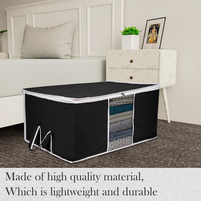 Kuber Industries Underbed Storage Bag Plain White Border Blanket Cover with Clear Window Zipper Closure Handle Cloth Organizer Large Pack of 3 Black - Image 2