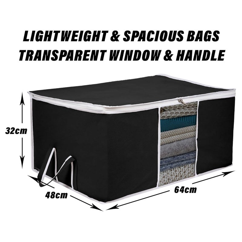 Kuber Industries Underbed Storage Bag Plain White Border Blanket Cover with Clear Window Zipper Closure Handle Cloth Organizer Large Pack of 3 Black - Image 3