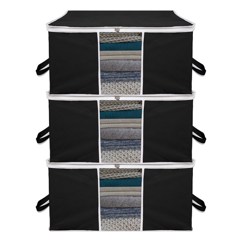 Kuber Industries Underbed Storage Bag Plain White Border Blanket Cover with Clear Window Zipper Closure Handle Cloth Organizer Large Pack of 3 Black - Image 1