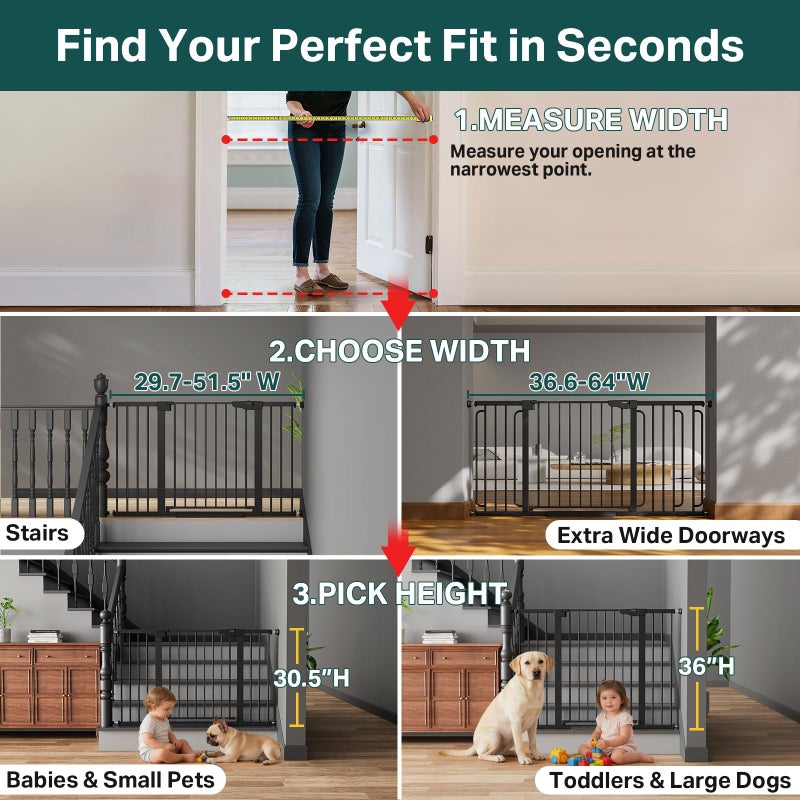 Cumbor 29.7â€“51.5" Extra Wide Baby Gate for Stairs, Pressure-Mounted Dog Gates for Doorways & Hallways, Auto-Close Walk-Through, No-Trip Design, Child Proof Safety, Dog/Pet Gate for Indoor Use, Black - Image 2