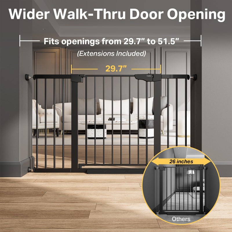 Cumbor 29.7â€“51.5" Extra Wide Baby Gate for Stairs, Pressure-Mounted Dog Gates for Doorways & Hallways, Auto-Close Walk-Through, No-Trip Design, Child Proof Safety, Dog/Pet Gate for Indoor Use, Black - Image 3