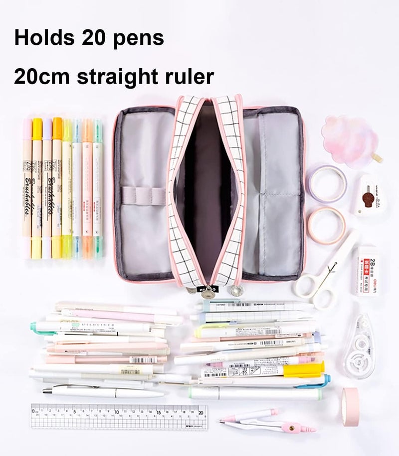 Large Capacity Pencil Case 3 Compartments Pencil Pouch Portable Large Storage Canvas Pencil Bag for School Student Teen Girl Boy (Pink) - Image 5