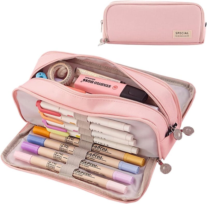 Large Capacity Pencil Case 3 Compartments Pencil Pouch Portable Large Storage Canvas Pencil Bag for School Student Teen Girl Boy (Pink) - Image 1