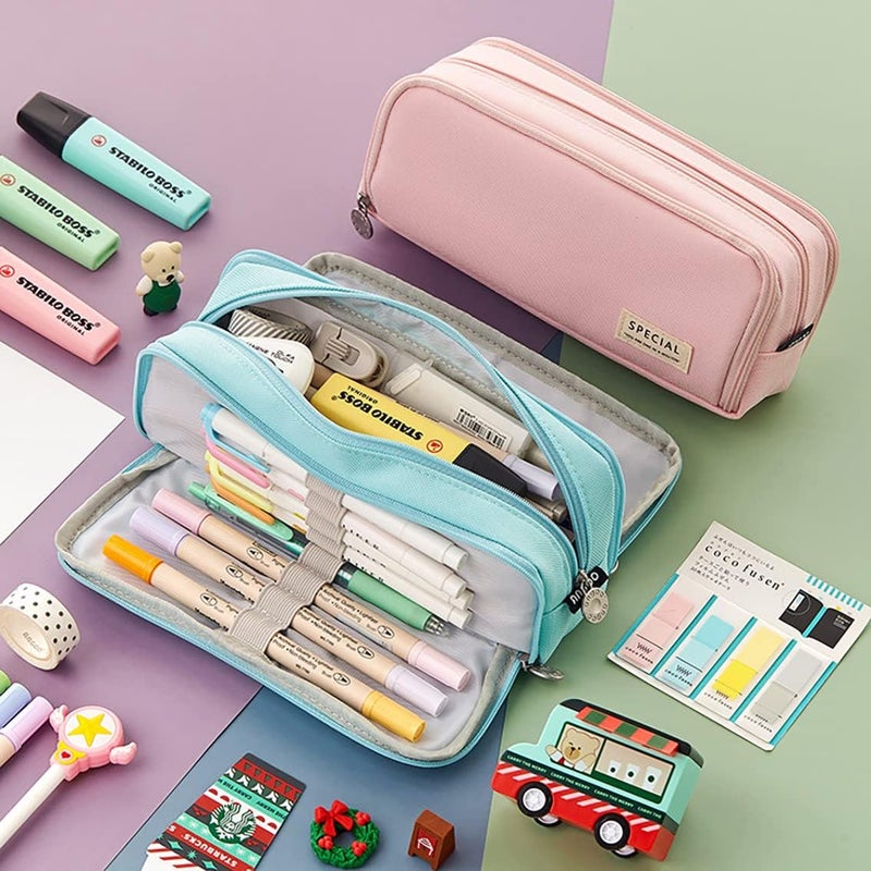 Large Capacity Pencil Case 3 Compartments Pencil Pouch Portable Large Storage Canvas Pencil Bag for School Student Teen Girl Boy (Pink) - Image 2