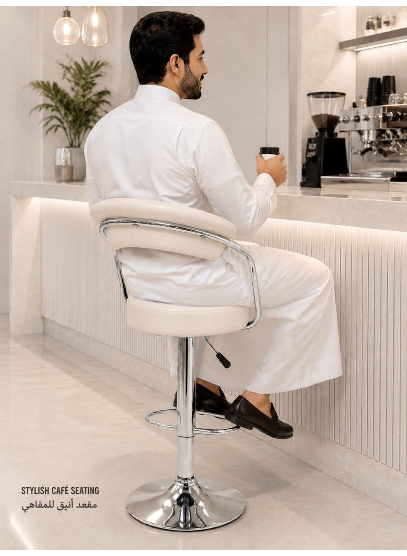هبّة كرسي بار قابل للتعديل بزاوية 360 درجة مع مسند ظهر مبطن، ومسند قدم وقاعدة من الكروم - كرسي قابل لتعديل الارتفاع مناسب لجزيرة المطبخ والمقهى والبار - لون كريمي - Image 2