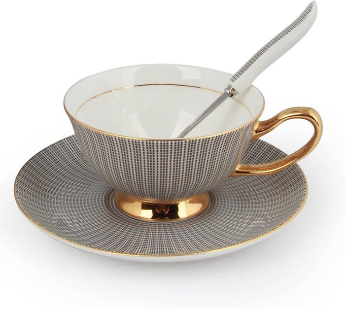 BONE CHINA CUP AND SAUCER SET 68OZ COFFEE CUP FOR AFTERNOON TEA EMBOSSED TEXTURE GREY