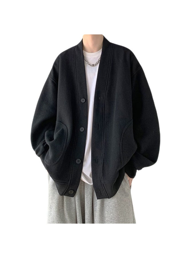 Popular European Size Large Cardigan Jacket Sweatshirt Men's Large V-neck Outer Wear Waffle Hong Kong Trend
