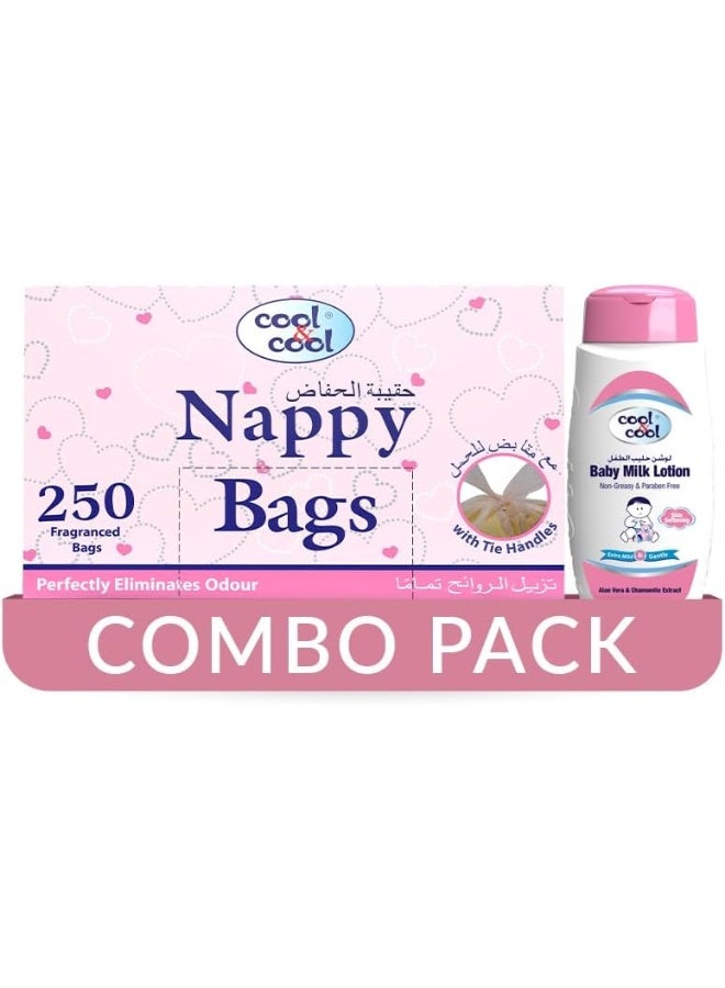 Cool & Cool Cool & Cool Nappy Bags 250's- Mildly Scented Diaper Disposable Bags + Baby Milk Lotion -Combo Pack - Image 1