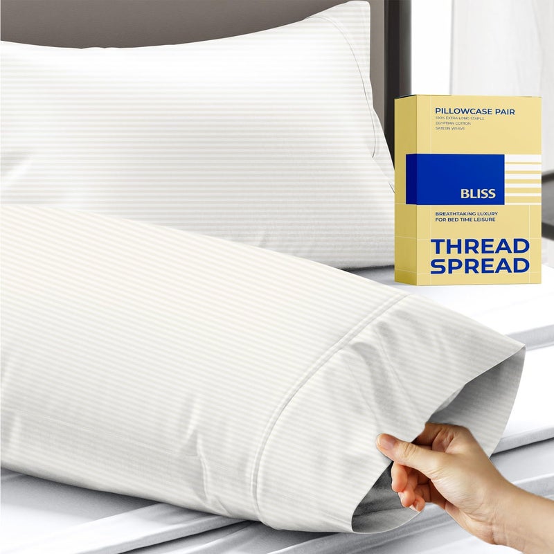 THREAD SPREAD 100% Egyptian Cotton Pillow Cases - 600 Thread Count Pillowcases Queen/Standard Size Set of 2, Breathable Extra Long Staple Sateen Weave Cotton Pillow Covers for Bed - Ivory Stripe - Image 1
