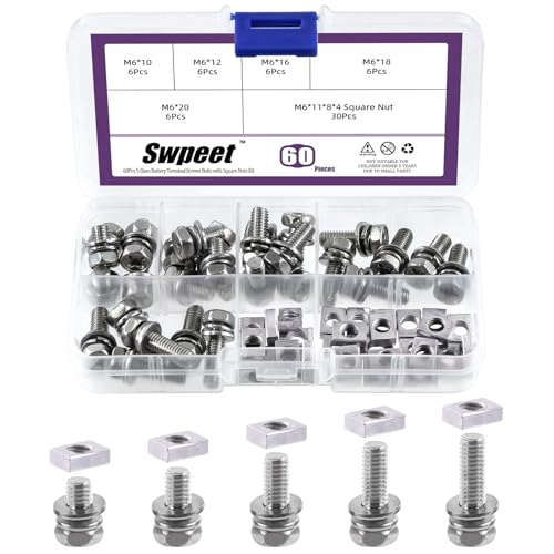 Swpeet 60 Pack 304 Stainless Steel M6 x 1012161820mm Phillips Head Motorcycle Battery Terminal Bolts and Nuts with Square Nuts Assortment Kit ATV Battery Bolt Motorcycle Battery Terminal Screws - Image 1