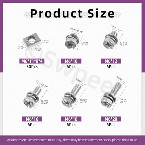 Swpeet 60 Pack 304 Stainless Steel M6 x 1012161820mm Phillips Head Motorcycle Battery Terminal Bolts and Nuts with Square Nuts Assortment Kit ATV Battery Bolt Motorcycle Battery Terminal Screws - Image 3
