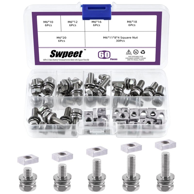 Swpeet 60 Pack 304 Stainless Steel M6 x 1012161820mm Phillips Head Motorcycle Battery Terminal Bolts and Nuts with Square Nuts Assortment Kit ATV Battery Bolt Motorcycle Battery Terminal Screws - Image 2
