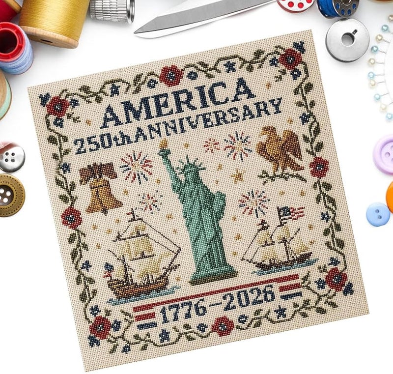 طقم التطريز الوطني للذكرى 250 لتأسيس الولايات المتحدة الأمريكية - النمط ب - مجموعة حرفية كاملة للمبتدئين - Image 1