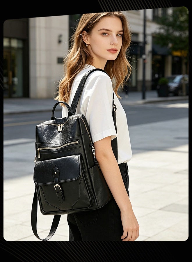 Joychic Women Spring Summer New Style Solid Pattern Classic Premium Large Capacity Backpack with Top Handle Dual Zipper Closure Hardware Front Buckle Flap Pocket and Side Pockets for Women Business Travel Shopping Black - Image 1