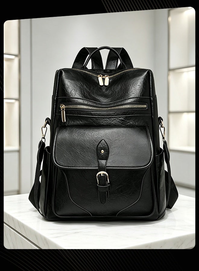 Joychic Women Spring Summer New Style Solid Pattern Classic Premium Large Capacity Backpack with Top Handle Dual Zipper Closure Hardware Front Buckle Flap Pocket and Side Pockets for Women Business Travel Shopping Black - Image 5