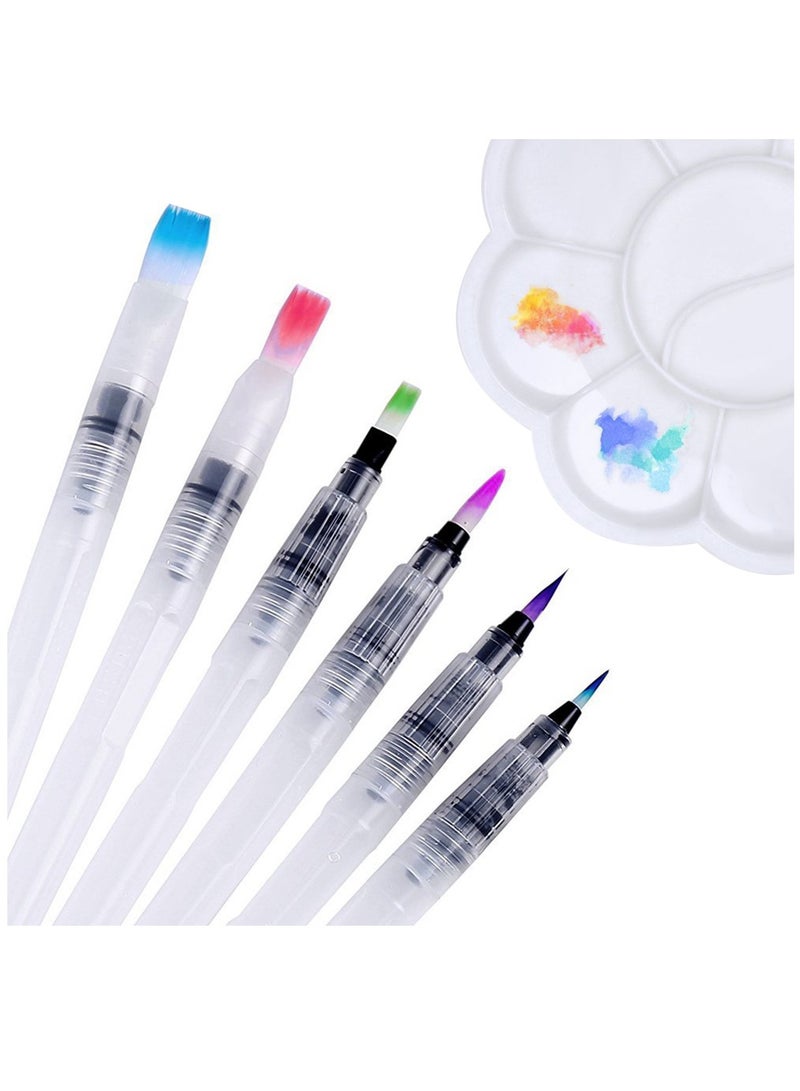 Excefore 6 Set Watercolor Brush Pen, Assorted Tips Size, with Flower Shape Paint Plate Tray Mixing Palette, Refillable Paintbrush, For Watercolour Oil Acrylic Painting - Image 1