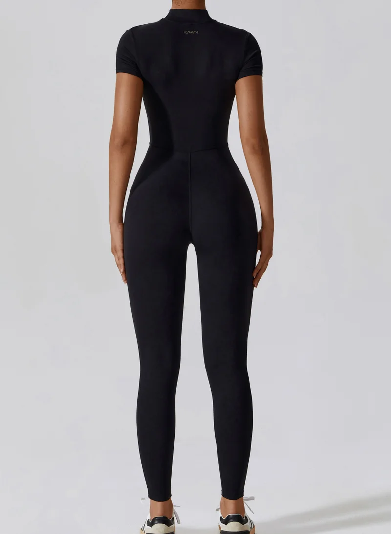 Kawn.yoga Licorice Black Womens Short Sleeves High-Neck Jumpsuit for Women | Best Price UAE
