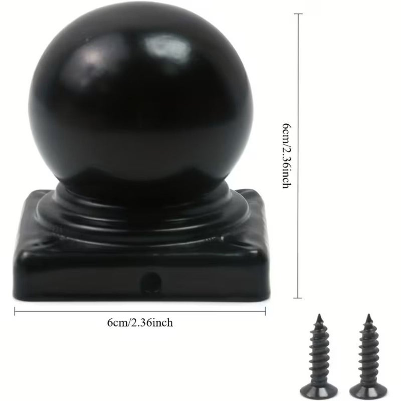 Set Of 4 Black Metal Fence Post Caps Top Ball Design 60mm With Screws - Image 3