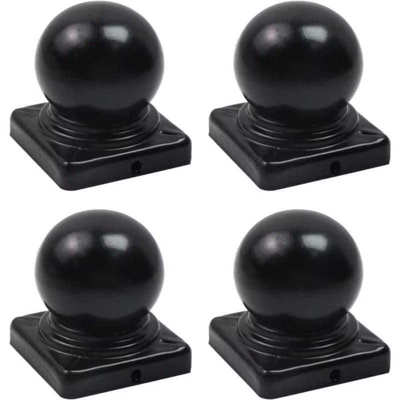 Set Of 4 Black Metal Fence Post Caps Top Ball Design 60mm With Screws - Image 1