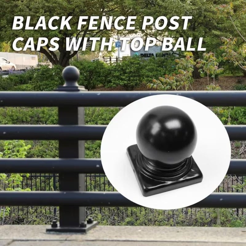 Set Of 4 Black Metal Fence Post Caps Top Ball Design 60mm With Screws - Image 4