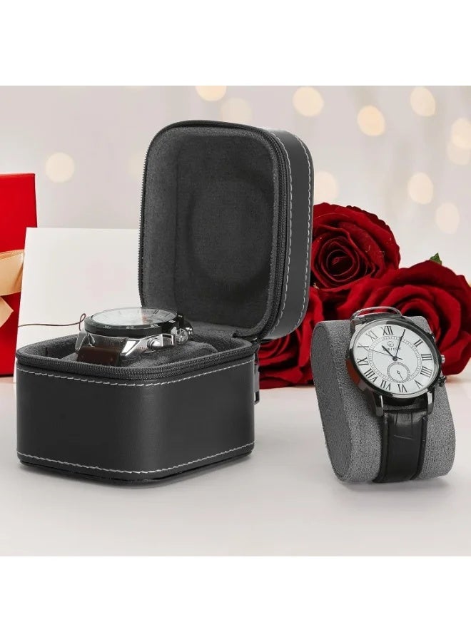 Portable PU Leather Single Watch Case with Zipper and Removable Pillow for Travel - Image 2