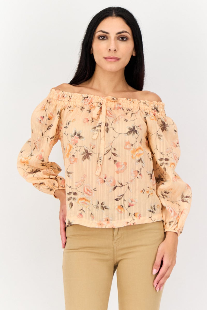 KOTON Women Off Shoulder Long Sleeves Floral Top, Multicolor  - Image 1