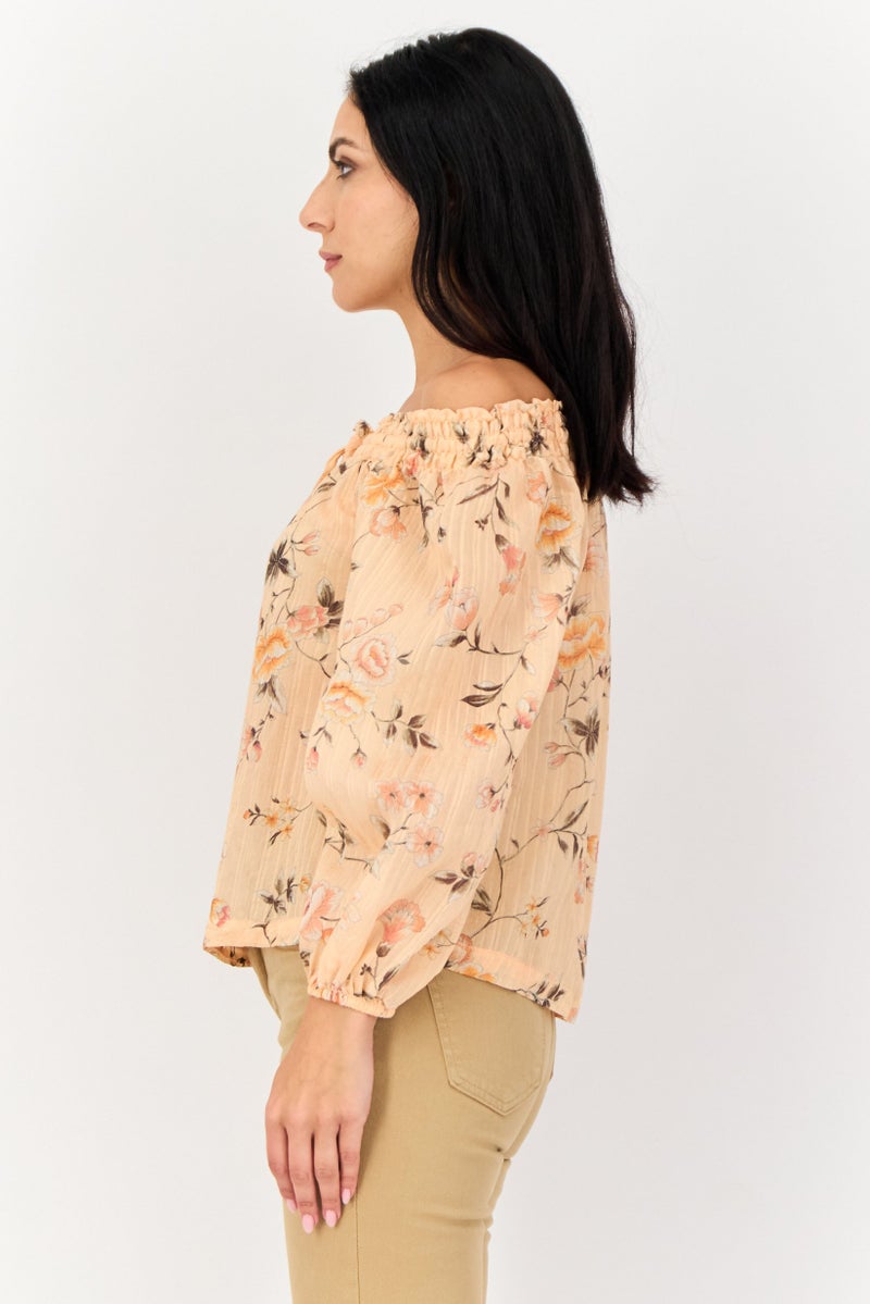 KOTON Women Off Shoulder Long Sleeves Floral Top, Multicolor  - Image 4