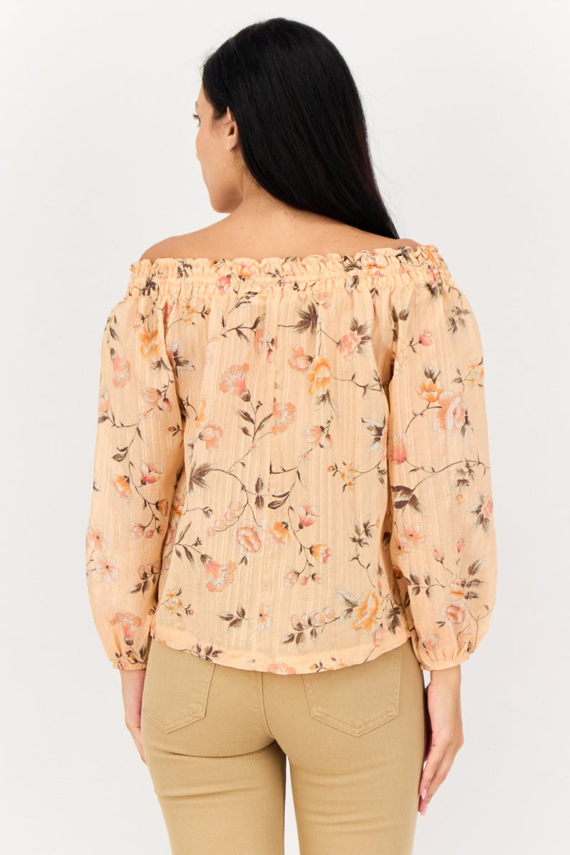KOTON Women Off Shoulder Long Sleeves Floral Top, Multicolor  - Image 3
