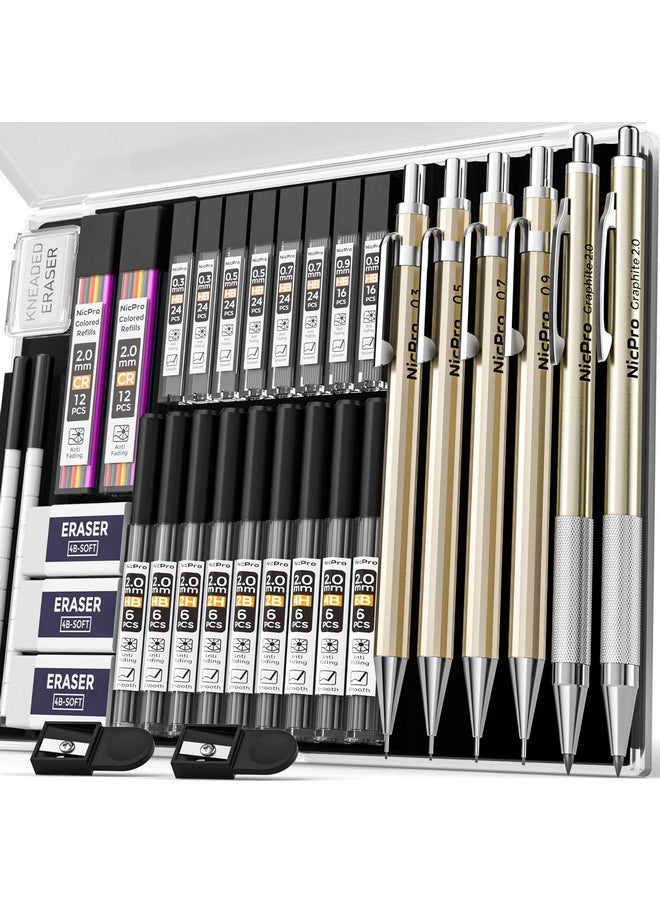 Nicpro 34Pcs Art Mechanical Pencils Set Metal Drafting Pencil 0.3 Mm & 0.5 Mm & 0.7 Mm & 0.9 Mm & 2Pcs 2Mm Lead Holder (6B 4B 2B Hb 2H 4H Colors) For Sketching Drawing With 19 Tube Lead Refills Case  - Image 1