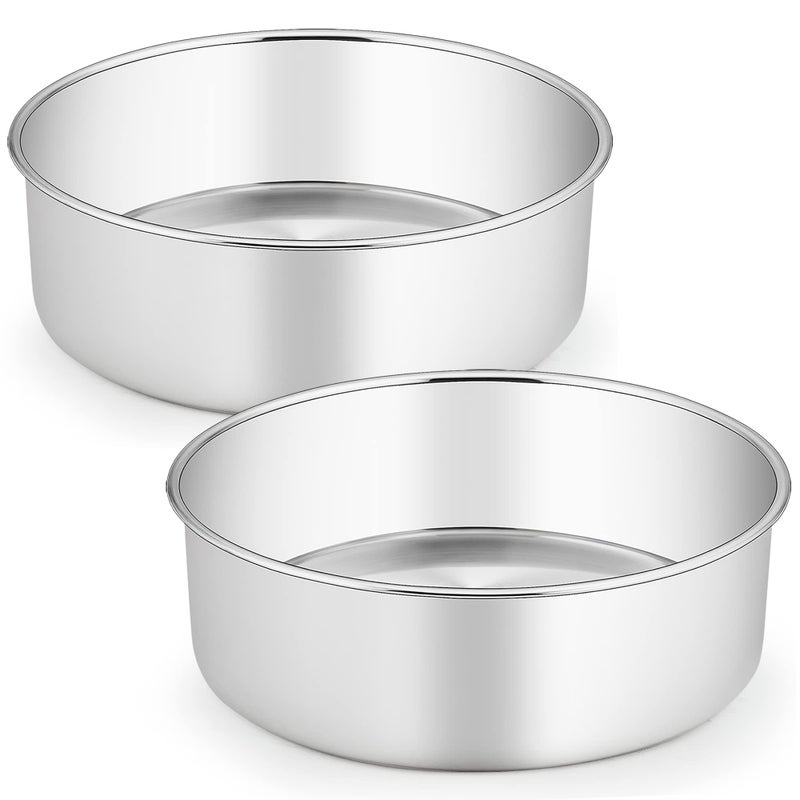 TeamFar Round Cake Pans 9x3 Stainless Steel Deep Tier Baking Cake Pan for Wedding Birthday Party NonToxic Heavy Duty Straight Deep Wall Mirror Finish Dishwasher Safe Set of 2