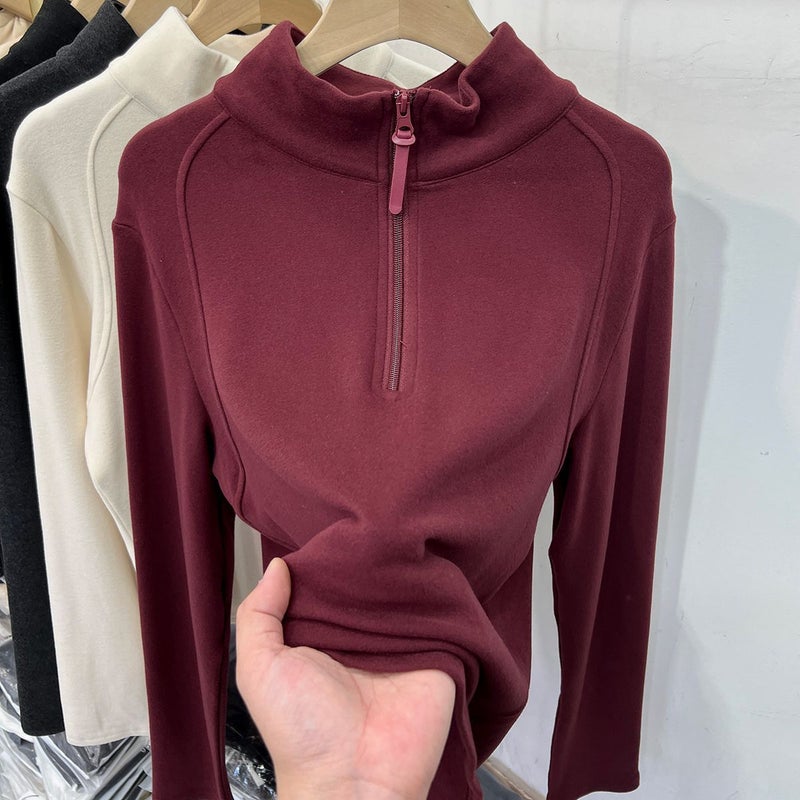 Plus Size Double-Sided Long-Sleeved T-Shirt Women'S Chubby Girl Half-High Collar Zipper Warm Base Shirt Top - Image 1