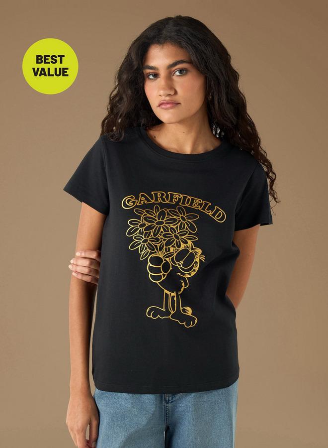 SP Characters Garfield Print Crew Neck T-shirt with Short Sleeves - Image 1