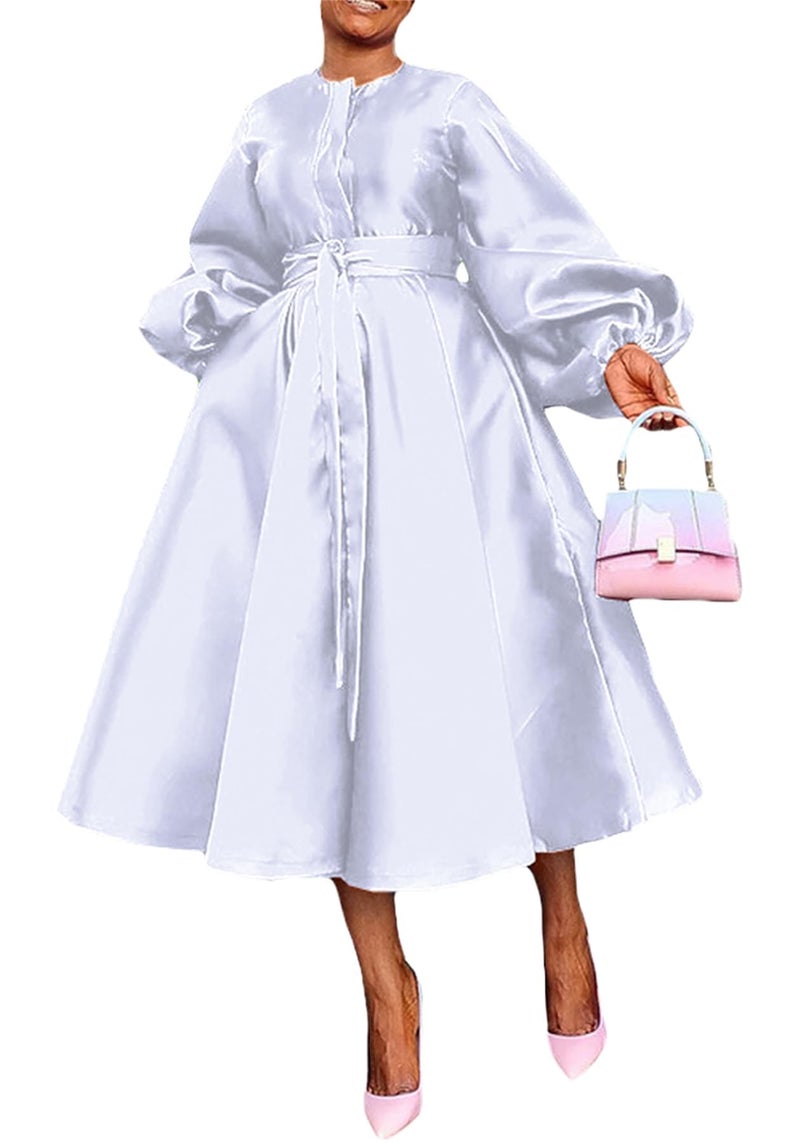 YOOTIKO Women Long Sleeve Satin Dress Button Flowy A Line Formal Cocktail Babydoll Dress with Belt White - Image 1