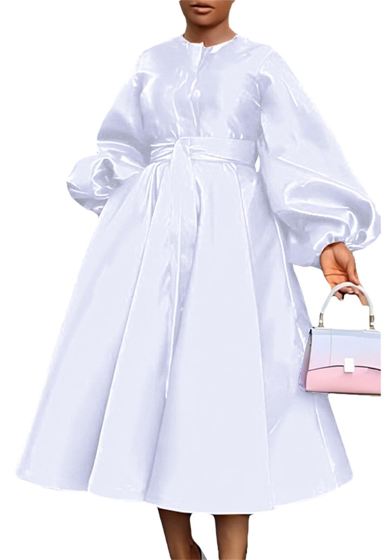 YOOTIKO Women Long Sleeve Satin Dress Button Flowy A Line Formal Cocktail Babydoll Dress with Belt White - Image 2