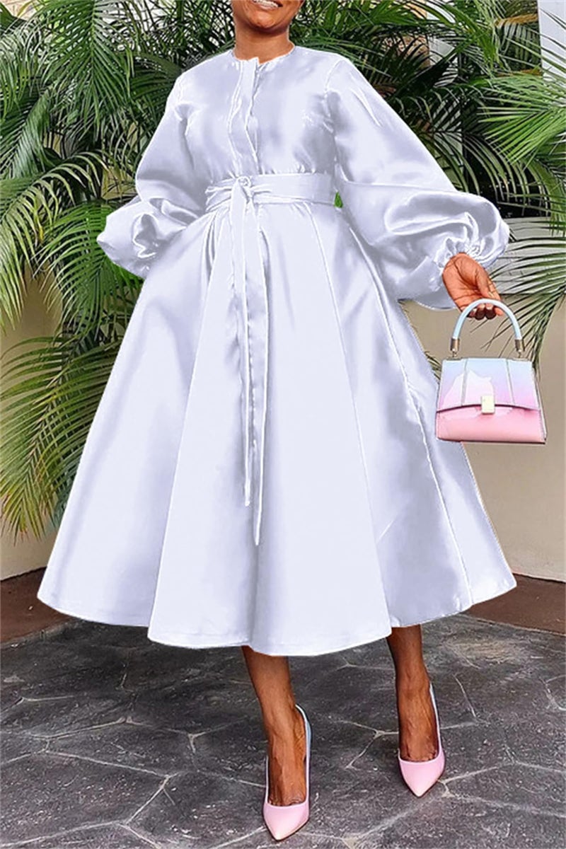 YOOTIKO Women Long Sleeve Satin Dress Button Flowy A Line Formal Cocktail Babydoll Dress with Belt White - Image 3