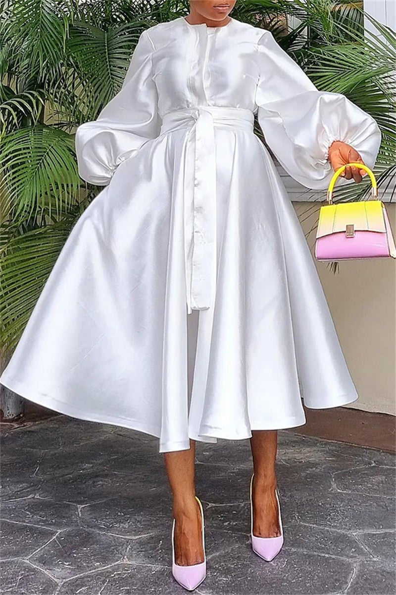 YOOTIKO Women Long Sleeve Satin Dress Button Flowy A Line Formal Cocktail Babydoll Dress with Belt White - Image 4