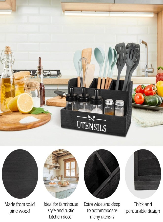 RedCall Extra Large Kitchen Utensils Holder 4 Compartments,Wood Utensil Organizer for Kitchen Countertop,Farmhouse Cooking Utensil Holder with Spice Storage space (Black) - Image 3
