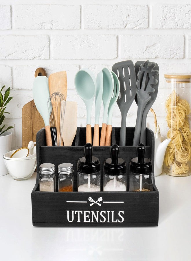 RedCall Extra Large Kitchen Utensils Holder 4 Compartments,Wood Utensil Organizer for Kitchen Countertop,Farmhouse Cooking Utensil Holder with Spice Storage space (Black) - Image 2
