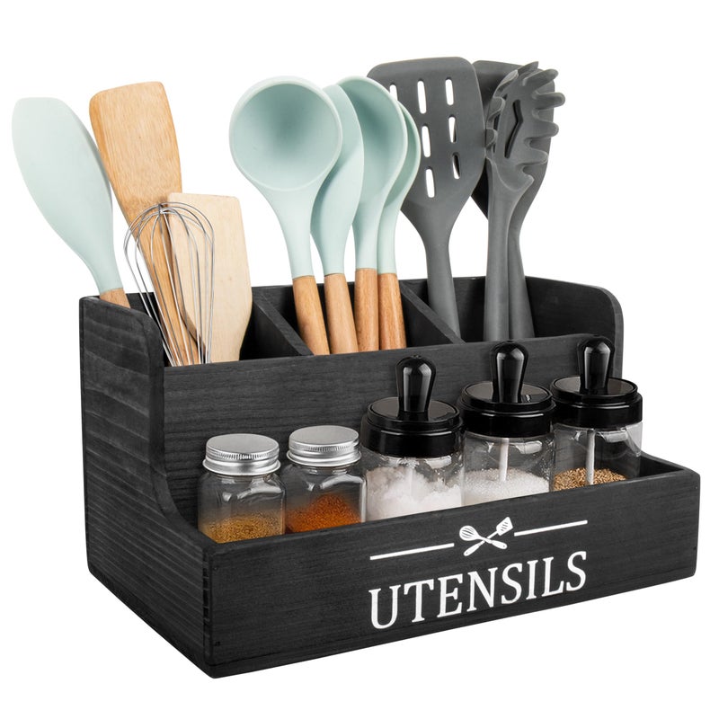 RedCall Extra Large Kitchen Utensils Holder 4 Compartments,Wood Utensil Organizer for Kitchen Countertop,Farmhouse Cooking Utensil Holder with Spice Storage space (Black) - Image 1