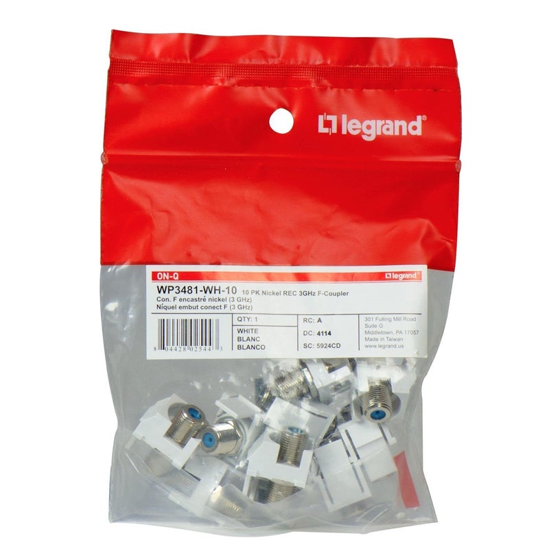 Legrand OnQ F Keystone Connector Recessed Keystone Coax Insert NickelPlated 1GHz Keystone F81 Coupler Keystone Insert White 10 Count WP3481WH10