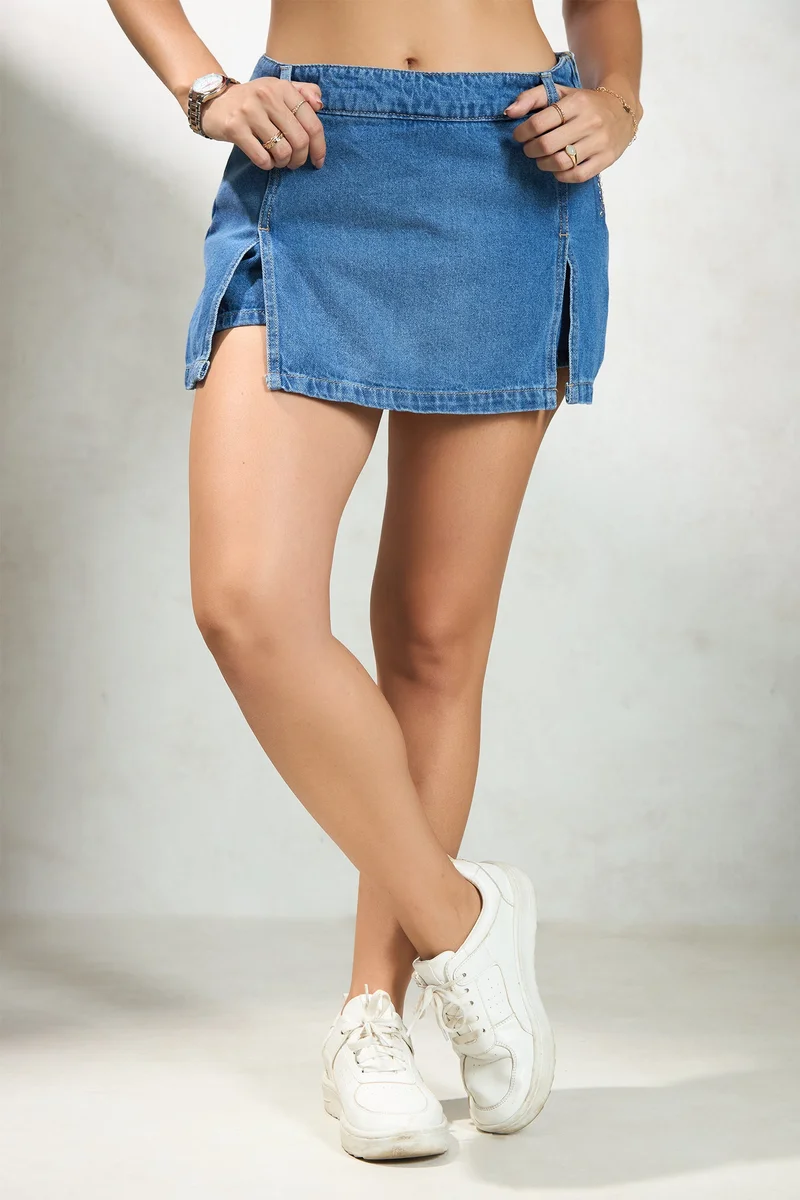 فيرجيو Solid Cotton Denim Mini Skorts With Slit for Women