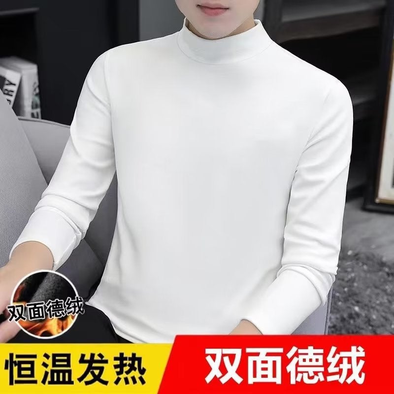 De Rong Warm Base Shirt Mens Long-sleeved T-shirt Autumn and Winter Middle High Collar Top with fleece-lined Inner Thermal Underwear for Couple White - Image 1