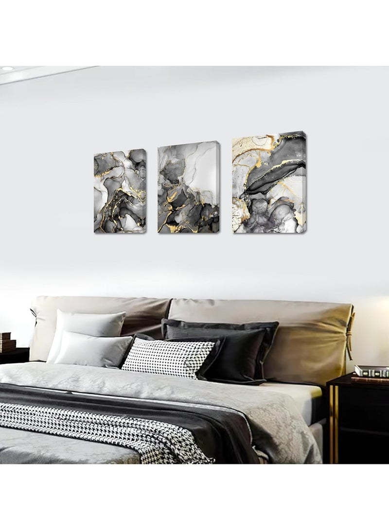 RATSAW Set Of 3 Framed Canvas Wall Arts Stretched Over Wooden Frame Paintings for Home Living Room Office Decor 30x40 cm Wooden Framed Gray White Gold Marble Canvas Wall Art Painting - Image 1